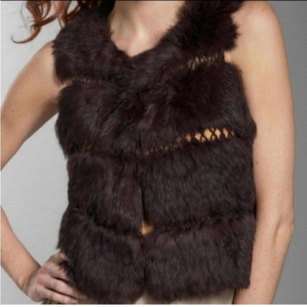 BCBGMaxAzria Genuine Rabbit Fur Crochet Panel Vest Black Size M